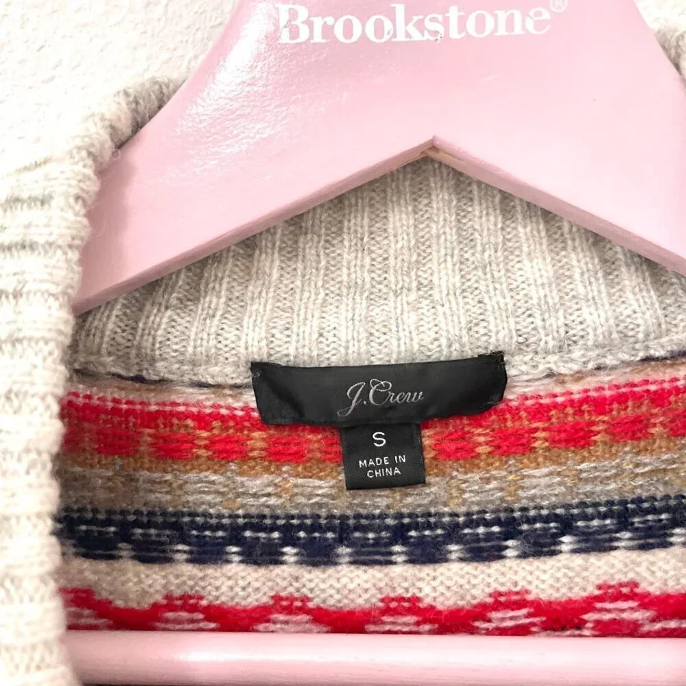 J Crew Mockneck Fair Isle Sweater Grey Red Size S K5312